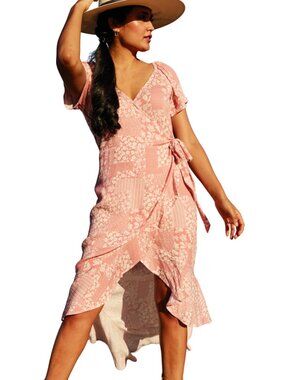 Wrangler Retro Floral Wrap Midi Dress Coral Peach Western Boho High-Low